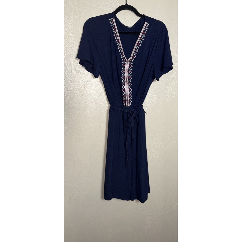 Old Navy Short Sleeve Aztec Embroidered Knit Dress Womens L Navy Rayon Belted